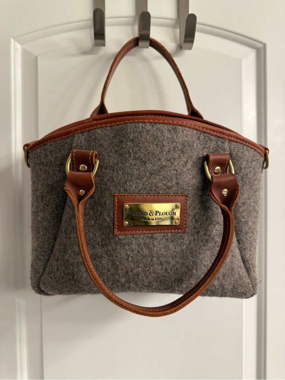 Rare Vintage Sword & Plough Wool Satchel with Brown Leather Trim and BDU inside